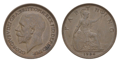 Великобритания 1 фартинг 1936 Георг V (1910-1936) KM 825, Spink 4061 бронза aUNC 4630-1214