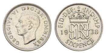 Великобритания 6 пенсов 1938 Георг VI (1936-1952) KM 852, Spink 4084 серебро 4392-952
