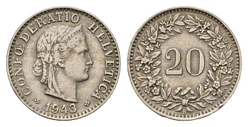 Швейцария 20 раппенов 1943 B KM 29a медно-никель 4702-353