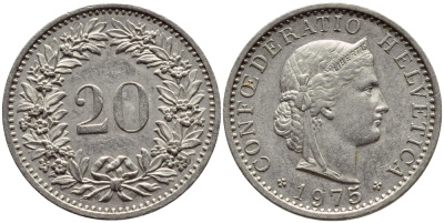 Швейцария 20 раппенов 1975 KM 29а медно-никель 4398-641
