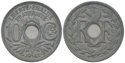 Франция 10 сантимов 1941 KM 896, Le Franc 140/2 цинк UNC 4584-925