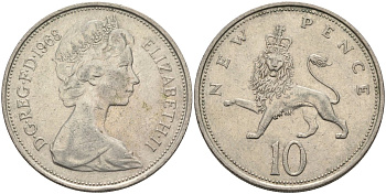 Великобритания 10 пенсов 1968 Елизавета II (1952-2022) KM 912, Spink 4231 (F1) медно-никель 4683-414