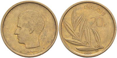БЕЛЬГИЯ 20 ФРАНКОВ 1980 BELGIE, БОДУЭН I (1951-1993) KM 160 никель бронза 4546-242