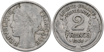 Франция 2 франка 1948 KM 886а.1 алюминий 4589-623