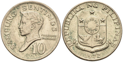 Филиппины 10 сентимо 1972 Франсиско Балагтас KM 198 медно-никель 4588-823
