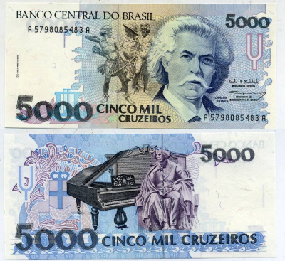 Бразилия 5000 крузейро ND (1990-1993) серия А 5798, Карлось Гомес, музыкант, рояль Pick 232с бумага UNC (пресс) 7485-6-3