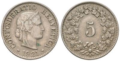 Швейцария 5 раппенов 1921 B KM 26 медно-никель 4617-431