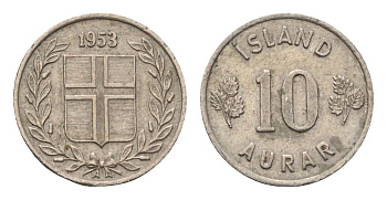 Исландия 10 эйре 1953 KM 10 медно-никель 4696-254