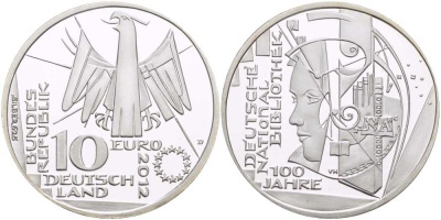 ФРГ 10 евро 2012 D, 100 ЛЕТ НЕМЕЦКОЙ НАЦИОНАЛЬНОЙ БИБЛИОТЕКЕ KM 311 серебро PROOF 1082-9-35
