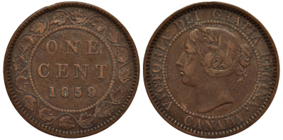 КАНАДА 1 ЦЕНТ 1859 ВИКТОРИЯ, WIDE 9 KM 1 бронза 1524-1043