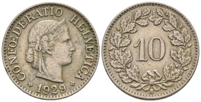Швейцария 10 раппенов 1929 B KM 27 медно-никель     4576-939