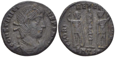 Римская Империя нуммий 337 - 340 Констанций II, CONSTANTIVS P F AVG / GLORIA EXERCITVS, Фессалоника, (степень редкости С2) RIC 56 биллон 1073-17-102