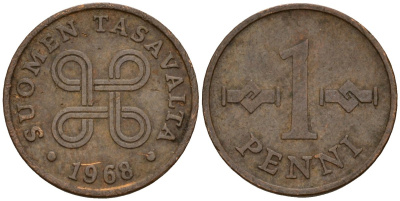 Финляндия 1 пенни 1968 KM 44 медь 4152-1059