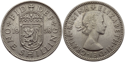 Великобритания 1 шиллинг 1958 Елизавета II (1952-2022), Шотландский герб KM 905, Spink 4148 медно-никель 75-232