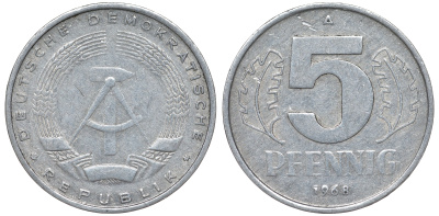 ГДР 5 ПФЕННИГОВ 1968 A KM 9.1 алюминий 62-217