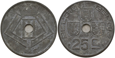Бельгия 25 сантимов 1946 Belgique - Belgie, Леопольд III (1934-1947), германская оккупация, Вторая мировая война KM 131 цинк 4157-515