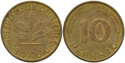 ФРГ 10 пфеннигов 1976 F J. 383, KM 108 сталь плакированная латунью    4603-426