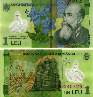 Румыния 1 лей 2005 (2005) Николае Йорга, Успенский собор Pick 117 а пластик UNC (пресс) 6293-51-4-2