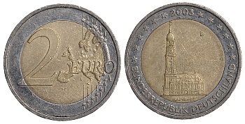 ФРГ 2 евро 2008 D, серия федеральные земли, церковь Св. Михаила в Гамбурге KM 261 биметалл 4681-627