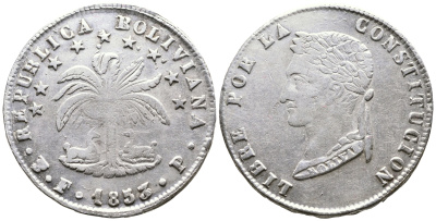 Боливия 4 соля 1853 FP KM 123.1 серебро 00-00