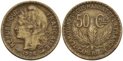 Камерун 50 сантимов 1926 (a), мондвор Париж KM 1 алюминиевая бронза 4169-1118