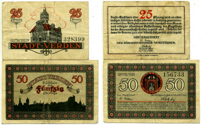 ФЕРДЕН НАБОР ИЗ 2 БАНКНОТ 1920 1 ИЮНЯ 1920, НОТГЕЛЬД (25 И 50 ПФЕННИГОВ), ЗЕМЛЯ НИЖНЯЯ САКСОНИЯ Grabowski V3.4a, V3.4b бумага 2193-8-2-1