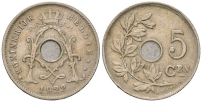 Бельгия 5 сантимов 1922 BELGIE KM 67 медно-никель 261-1124