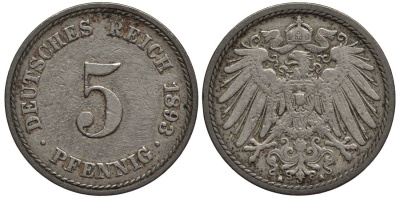 ГЕРМАНИЯ 5 ПФЕННИГОВ 1893 A KM 11, Jager 12, Weege 6 медно-никель 4547-332