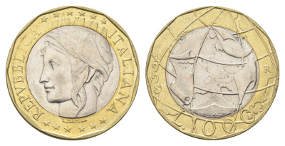 Италия 1000 лир 1998 R, карта европы KM 194 биметалл 4704-1025