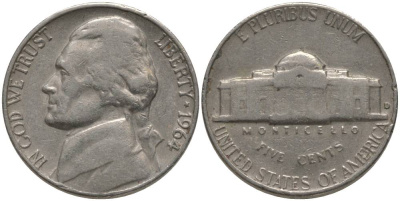 США 5 ЦЕНТОВ 1964 ДЖЕФФЕРСОН KM А192 медно-никель 181-111