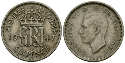 Великобритания 6 пенсов 1947 Георг VI (1936-1952) KM 862, Spink 4105 медно-никель 4174-221