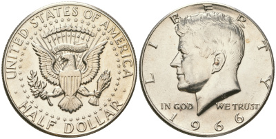 США 1/2 доллара (50 центов) 1966 Джон Кеннеди KM 202a серебро  UNC  4178-915