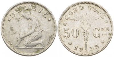 БЕЛЬГИЯ 50 САНТИМОВ 1932 BELGIE KM 88 никель 261-532