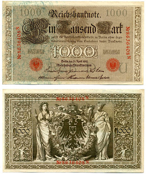 Германия 1000 Марок 1910 21 апреля 1910, Буква U, номер семизначный, серия N, Выпуск (10.1922) Pick 44b, Розенберг 45с бумага 8618-27-1-2