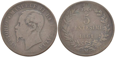 ИТАЛИЯ 5 ЧЕНТЕЗИМО 1861 М, МОНДВОР МИЛАН, ВИКТОР ЭММАНУИЛ II (1861-1878) KM 3.2 медь 4182-1255