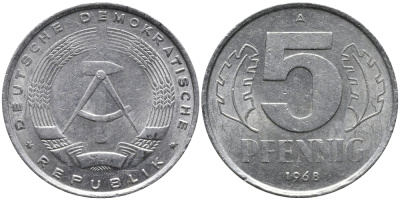 ГДР 5 ПФЕННИГОВ 1968 А KM 9.1 алюминий 33-321