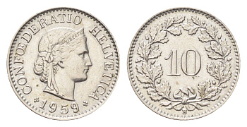 Швейцария 10 раппенов 1959 B KM 27 медно-никель UNC 4705-855