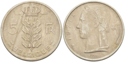 БЕЛЬГИЯ 5 ФРАНКОВ 1971 BELGIQUE, БОДУЭН I (1951-1993) KM 134.1 медно-никель 213-612