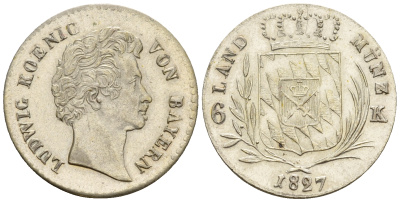 Бавария 6 крейцеров 1827 Людвиг I (1825-1848) KM 729, AKS 80 серебро aUNC 413-5232