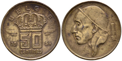 БЕЛЬГИЯ 50 САНТИМОВ 1954 BELGIE KM 145 бронза 4392-766