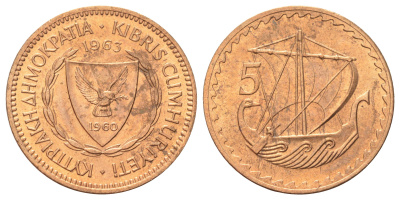Кипр 5 милей 1963 парусник KM 39 бронза UNC 4700-627