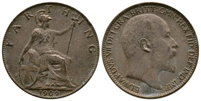 Великобритания 1 фартинг 1909 Эдуард VII (1901-1910), KM 792, Spink 3992 бронза 4384-233