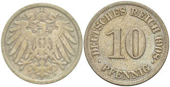 Германия 10 пфеннигов 1908 A KM 12, Jager 13, Weege 8 медно-никель 212-123