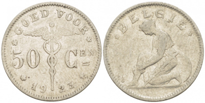 БЕЛЬГИЯ 50 САНТИМОВ 1923 BELGIE KM 88 никель 3996-1211