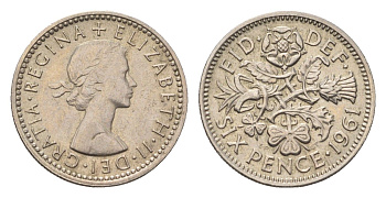 Великобритания 6 пенсов 1961 Елизавета II (1952-2022) KM 903, Spink 4149 медно-никель 4696-827