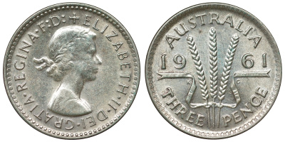 Австралия 3 пенса 1961 m, Елизавета II (1952-2022) KM 57 серебро 71-742