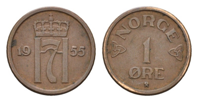 Норвегия 1 эре 1955 Хокон VII (1905-1957) KM 398 бронза 4702-535