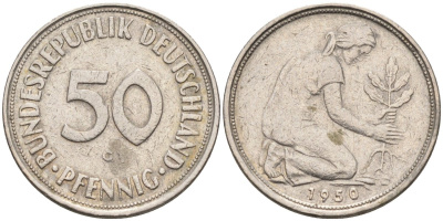 ФРГ 50 пфеннигов 1950 G KM 109.1, J. 384 медно-никель 4586-625