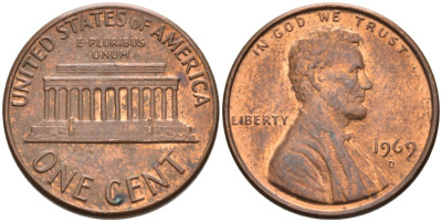 США 1 цент 1969 D, Линкольн KM 201 медь цинк 4564-453