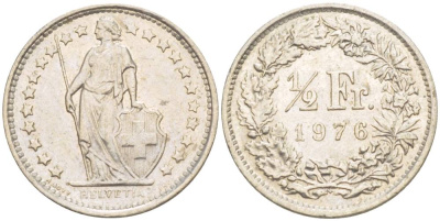 ШВЕЙЦАРИЯ 1/2 ФРАНКА 1976 KM 23а.1 медно-никель 4532-1049